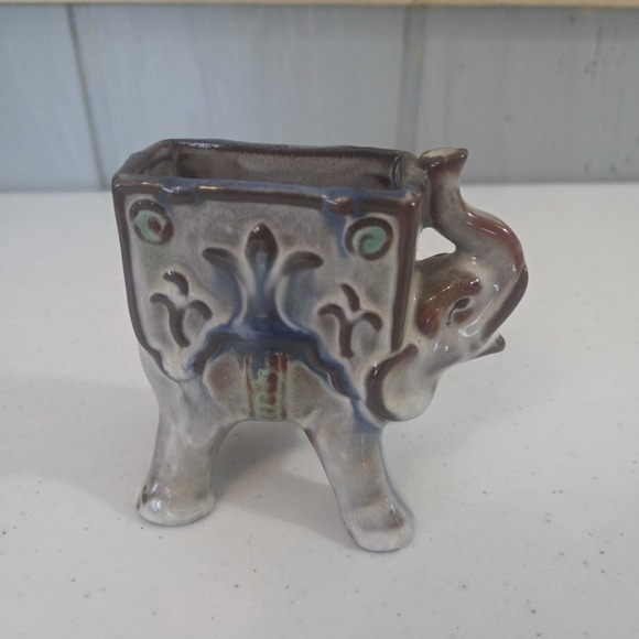 The Unbranded Brand Other - Vintage Glazed Ceramic Elephant Succulent Air Plant Planter Numbered Blue Brown